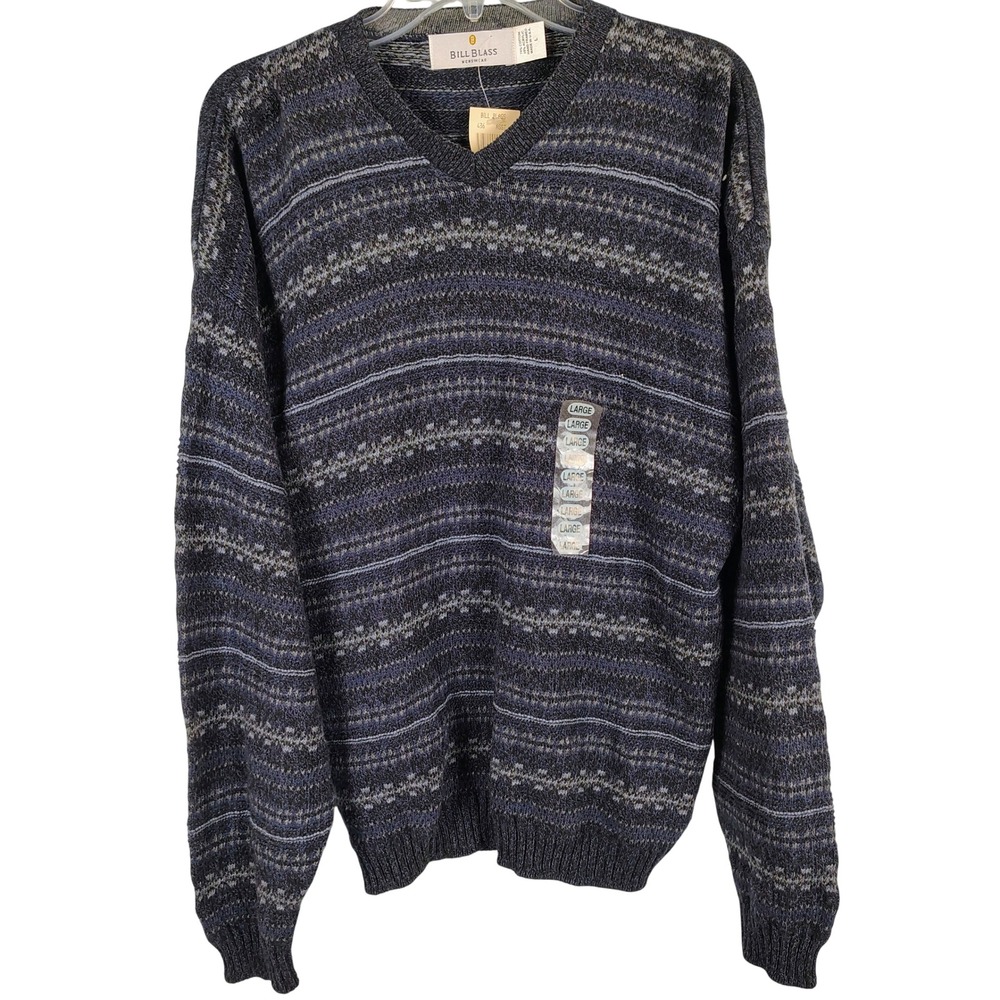 NWT Bill Blass Mens L V-Neck Sweater Multicolor Cotton Blend Grandpacore Vintage